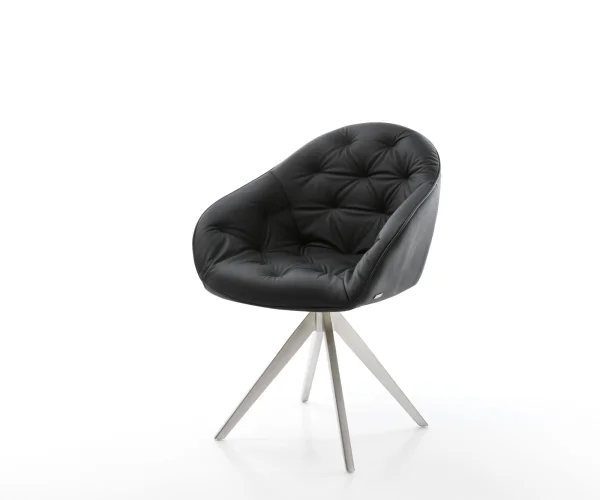 Chaise-de-salle-à-manger Gaio-Flex cuir de vache noir pied croisé angulaire acier inoxydable brossé