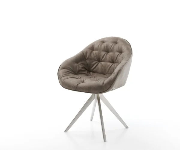 Chaise-de-salle-à-manger Gaio-Flex microvelours taupe vintage pied croisé angulaire acier inoxydable brossé