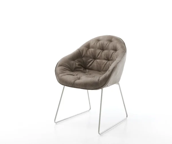 Chaise-de-salle-à-manger Gaio-Flex microvelours taupe vintage pied trapèze acier inoxydable brossé
