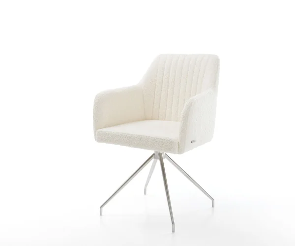 Chaise-de-salle-à-manger Greg-Flex bouclé blanc pied croisé conique acier inoxydable brossé ressorts ensachés