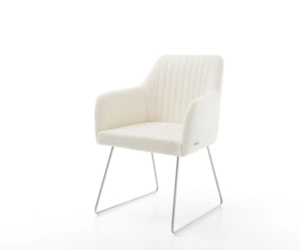 Chaise-de-salle-à-manger Greg-Flex bouclé blanc pied trapèze acier inoxydable brossé ressorts ensachés