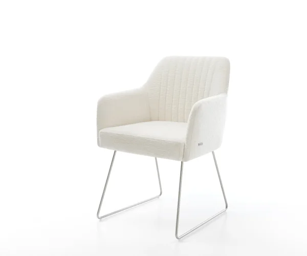 Chaise-de-salle-à-manger Greg-Flex bouclé doux beige pied trapèze acier inoxydable resorts ensachés