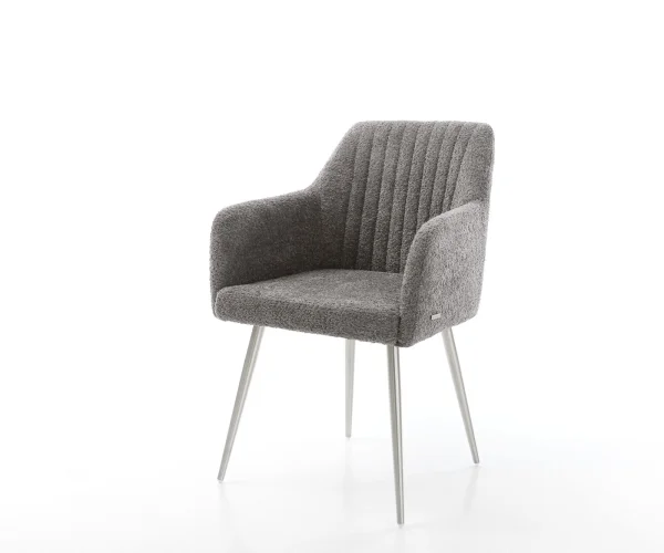 Chaise-de-salle-à-manger Greg-Flex bouclé gris 4 pieds coniques acier inoxydable brossé ressorts ensachés