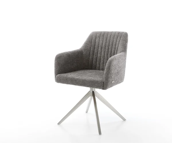 Chaise-de-salle-à-manger Greg-Flex bouclé gris pied croisé large acier inoxydable brossé ressorts ensachés