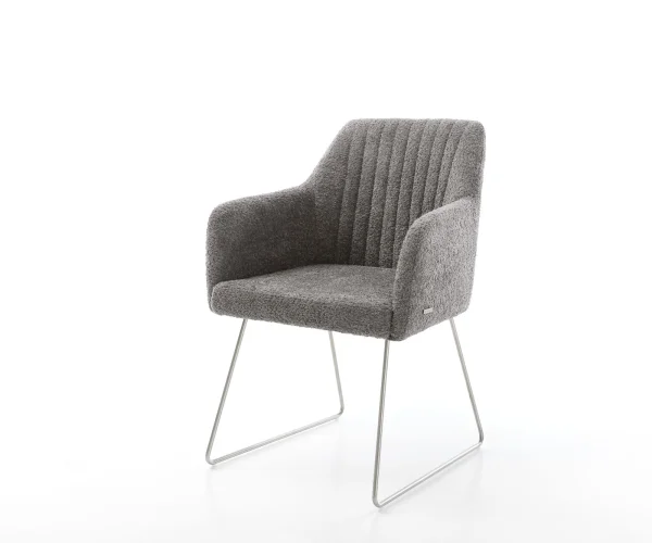 Chaise-de-salle-à-manger Greg-Flex bouclé gris pied trapèze acier inoxydable brossé ressorts ensachés