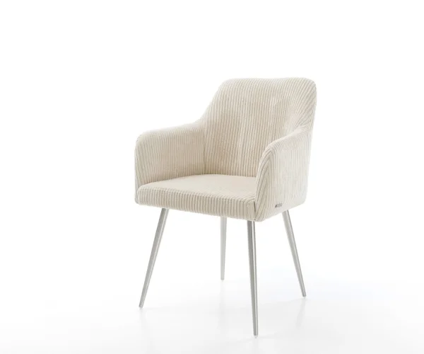 Chaise-de-salle-à-manger Greg-Flex côtelé beige vintage 4 pieds coniques acier inoxydable brossé ressorts ensachés