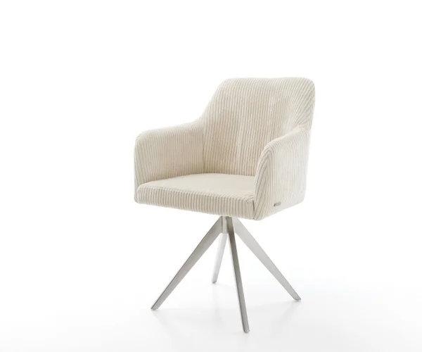 Chaise-de-salle-à-manger Greg-Flex côtelé beige vintage pied croisé angulaire acier inoxydable brossé ressorts ensachés