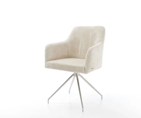 Chaise-de-salle-à-manger Greg-Flex côtelé beige vintage pied croisé conique acier inoxydable brossé ressorts ensachés