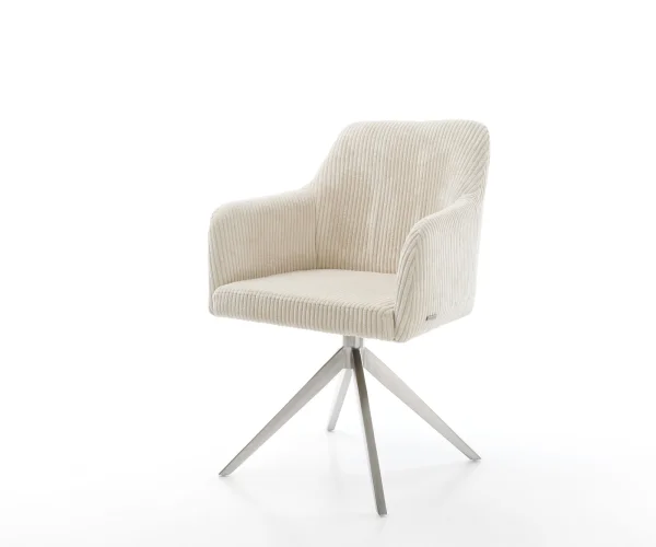 Chaise-de-salle-à-manger Greg-Flex côtelé beige vintage pied croisé large acier inoxydable brossé ressorts ensachés
