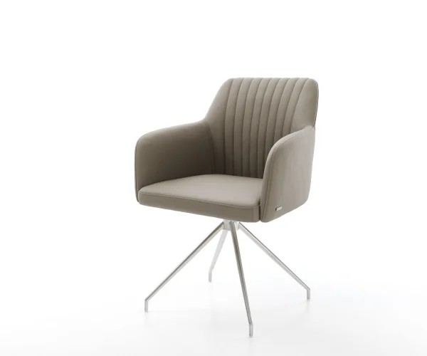 Chaise-de-salle-à-manger Greg-Flex cuir de vache couleur boue pied croisé conique acier inoxydable brossé ressorts ensachés