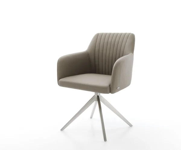 Chaise-de-salle-à-manger Greg-Flex cuir de vache couleur boue pied croisé large acier inoxydable brossé ressorts ensachés