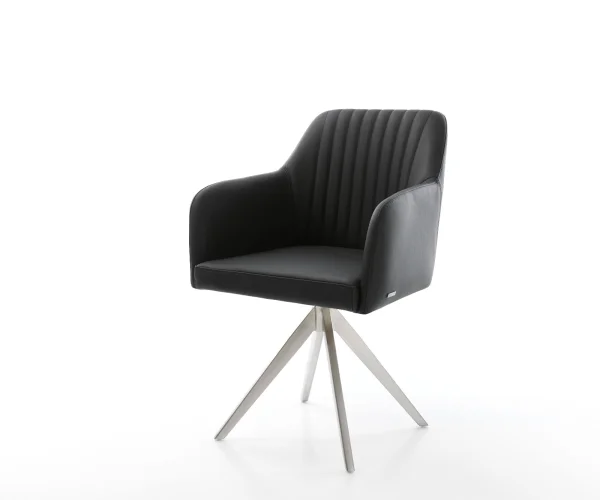 Chaise-de-salle-à-manger Greg-Flex cuir de vache noir pied croisé angulaire acier inoxydable brossé ressorts ensachés