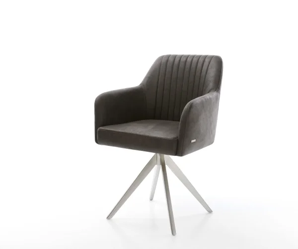 Chaise-de-salle-à-manger Greg-Flex microvelours anthracite vintage pied croisé angulaire acier inoxydable brossé ressorts ensachés