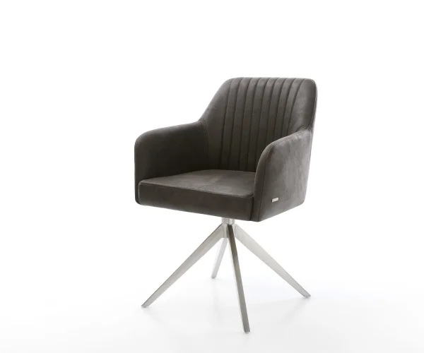 Chaise-de-salle-à-manger Greg-Flex microvelours anthracite vintage pied croisé large acier inoxydable brossé ressorts ensachés