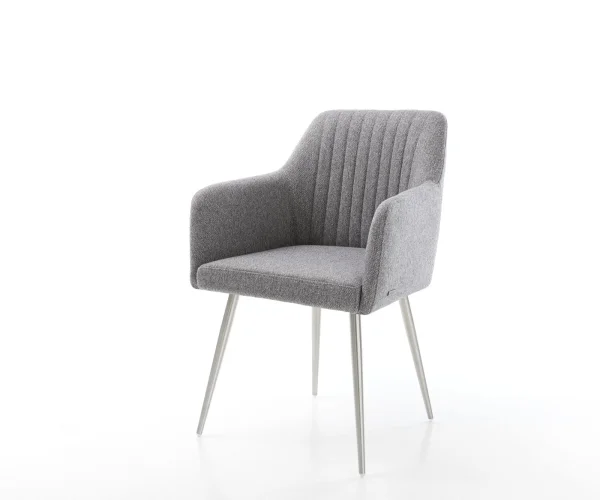 Chaise-de-salle-à-manger Greg-Flex tissu texturé gris clair 4 pieds coniques acier inoxydable brossé ressorts ensachés