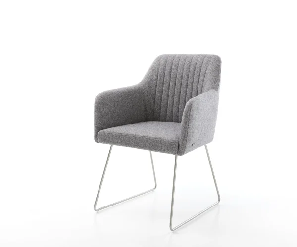 Chaise-de-salle-à-manger Greg-Flex tissu texturé gris clair pied trapèze acier inoxydable brossé ressorts ensachés