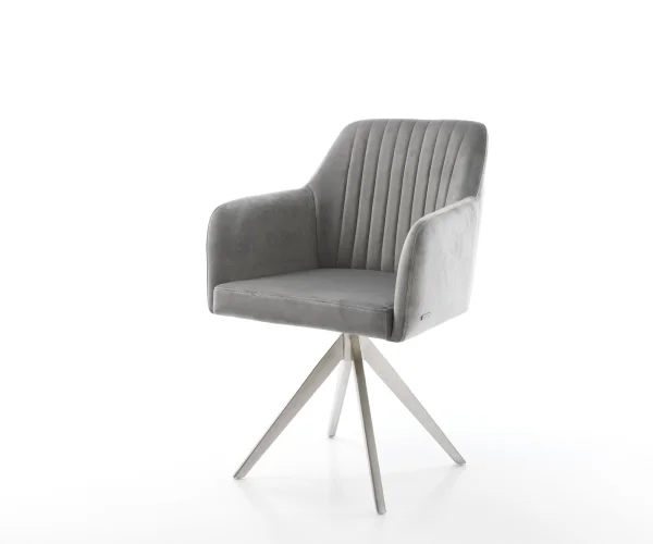 Chaise-de-salle-à-manger Greg-Flex velours gris pied croisé angulaire acier inoxydable brossé ressorts ensachés