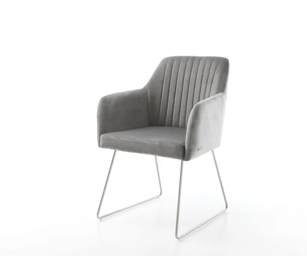 Chaise-de-salle-à-manger Greg-Flex velours gris pied trapèze acier inoxydable brossé ressorts ensachés