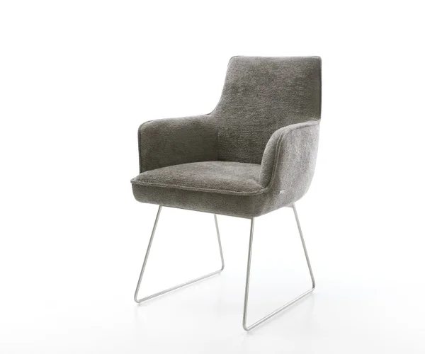 Chaise-de-salle-à-manger Heira-Flex avec accoudoirs bouclé doux couleur boue pied trapèze acier inoxydable resorts ensachés