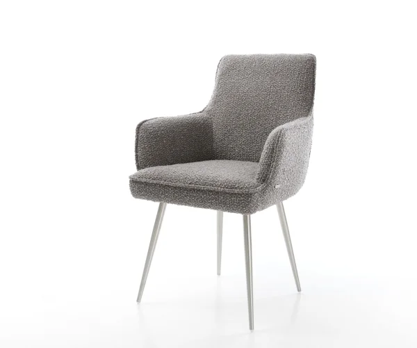 Chaise-de-salle-à-manger Heira-Flex avec accoudoirs bouclé gris argenté 4 pieds coniques acier inoxydable brossé ressorts ensachés