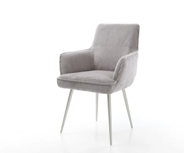 Chaise-de-salle-à-manger Heira-Flex avec accoudoirs côtelé gris argenté 4 pieds coniques acier inoxydable brossé ressorts ensachés