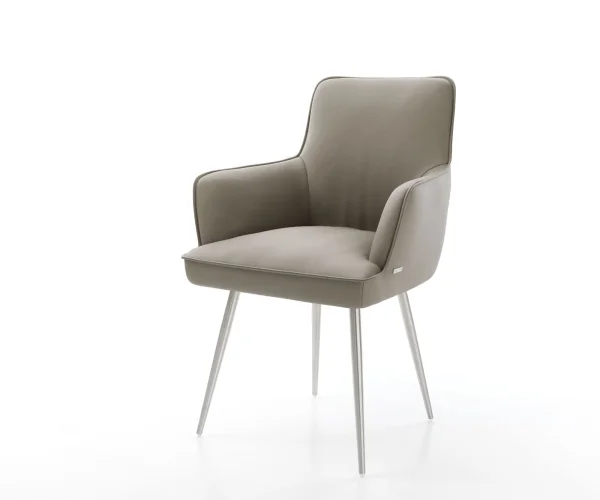 Chaise-de-salle-à-manger Heira-Flex avec accoudoirs cuir de vache couleur boue 4 pieds coniques acier inoxydable brossé ressorts ensachés