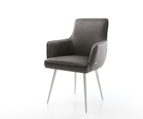 Chaise-de-salle-à-manger Heira-Flex avec accoudoirs microvelours anthracite vintage 4 pieds coniques acier inoxydable brossé ressorts ensachés