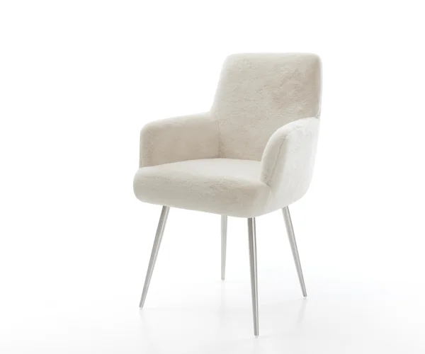 Chaise-de-salle-à-manger Heira-Flex avec accoudoirs peluche crème-blanc 4 pieds coniques acier inoxydable resorts ensachés