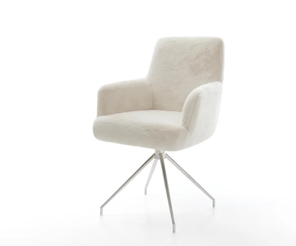 Chaise-de-salle-à-manger Heira-Flex avec accoudoirs peluche crème-blanc pied croisé conique acier inoxydable resorts ensachés