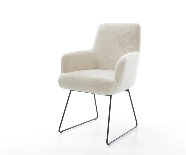 Chaise-de-salle-à-manger Heira-Flex avec accoudoirs peluche crème-blanc pied trapèze noir resorts ensachés