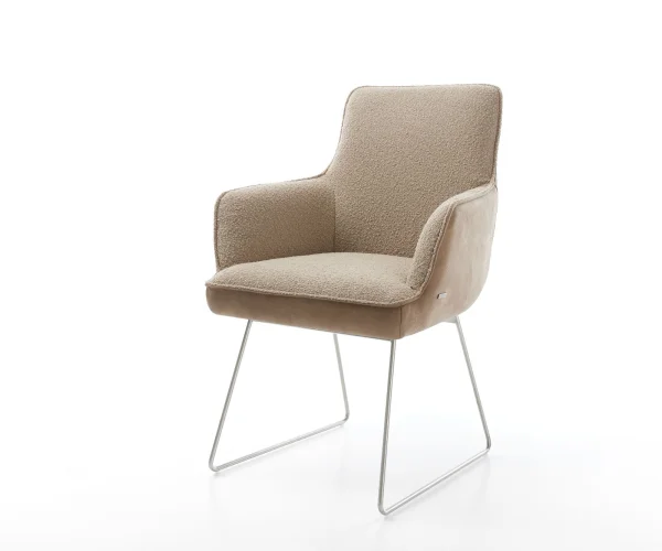 Chaise-de-salle-à-manger Heira-Flex avec accoudoirs tissu mixte couleur boue pied trapèze acier inoxydable brossé ressorts ensachés