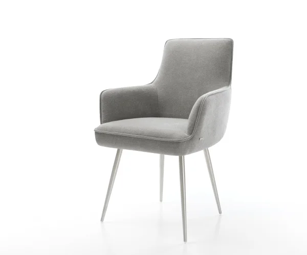 Chaise-de-salle-à-manger Heira-Flex avec accoudoirs tissu structuré doux gris 4 pieds coniques acier inoxydable resorts ensachés