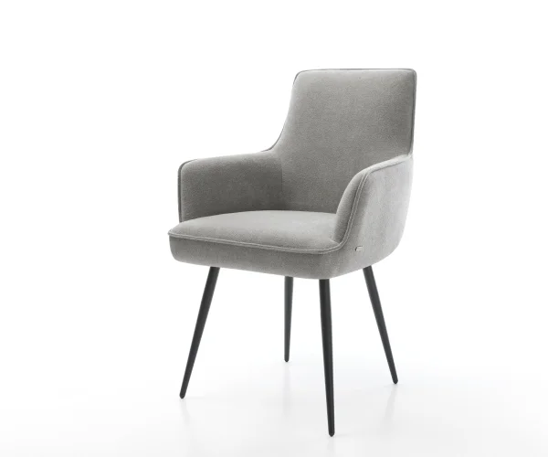 Chaise-de-salle-à-manger Heira-Flex avec accoudoirs tissu structuré doux gris 4 pieds coniques noir resorts ensachés