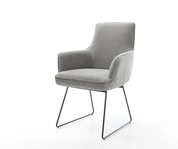 Chaise-de-salle-à-manger Heira-Flex avec accoudoirs tissu structuré doux gris pied trapèze noir resorts ensachés