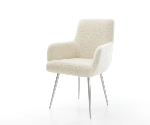 Chaise-de-salle-à-manger Heira-Flex avec accoudoirs tissu teddy beige 4 pieds coniques acier inoxydable resorts ensachés