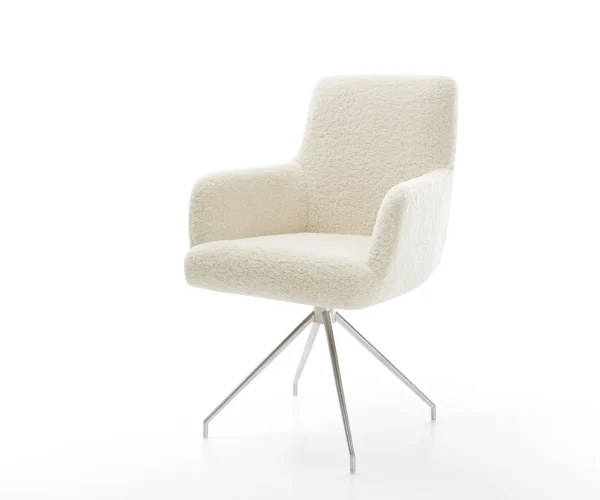 Chaise-de-salle-à-manger Heira-Flex avec accoudoirs tissu teddy beige pied croisé conique acier inoxydable resorts ensachés