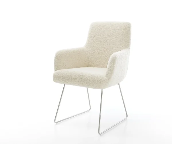 Chaise-de-salle-à-manger Heira-Flex avec accoudoirs tissu teddy beige pied trapèze acier inoxydable resorts ensachés
