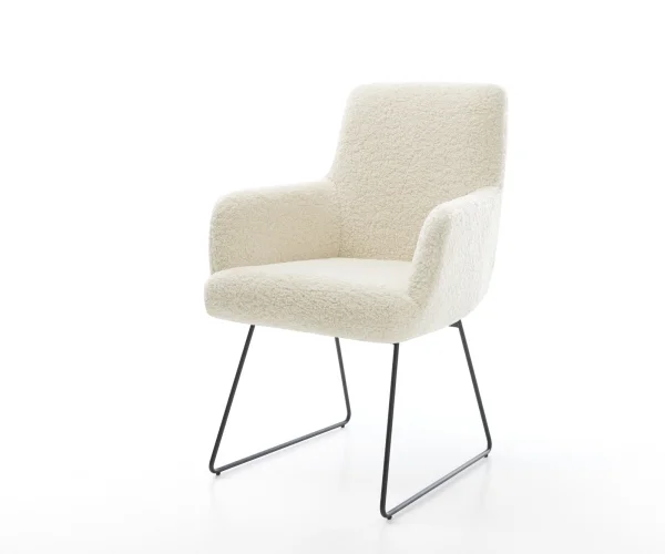 Chaise-de-salle-à-manger Heira-Flex avec accoudoirs tissu teddy beige pied trapèze noir resorts ensachés