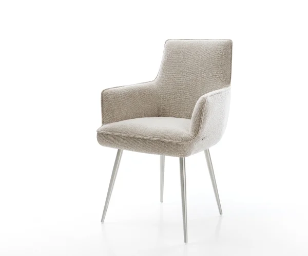 Chaise-de-salle-à-manger Heira-Flex avec accoudoirs tissu tissé doux beige 4 pieds coniques acier inoxydable resorts ensachés