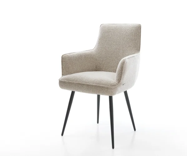 Chaise-de-salle-à-manger Heira-Flex avec accoudoirs tissu tissé doux beige 4 pieds coniques noir resorts ensachés