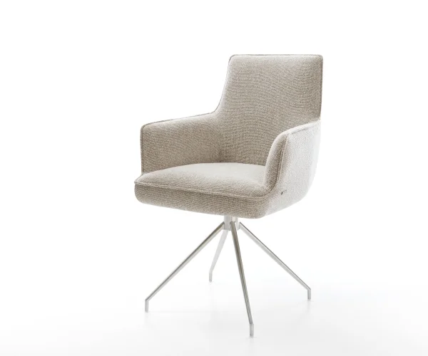 Chaise-de-salle-à-manger Heira-Flex avec accoudoirs tissu tissé doux beige pied croisé conique acier inoxydable resorts ensachés