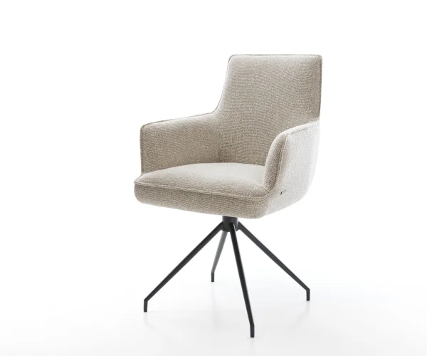 Chaise-de-salle-à-manger Heira-Flex avec accoudoirs tissu tissé doux beige pied croisé conique noir resorts ensachés