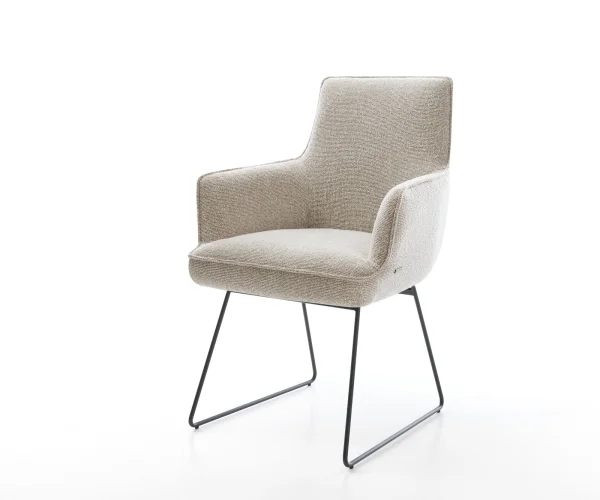 Chaise-de-salle-à-manger Heira-Flex avec accoudoirs tissu tissé doux beige pied trapèze noir resorts ensachés