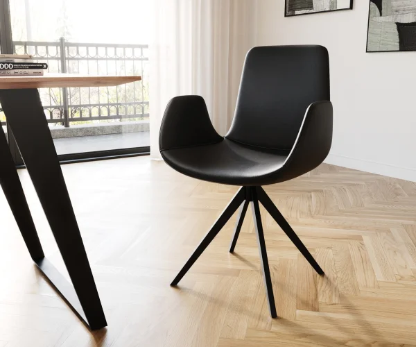 Chaise-de-salle-à-manger Ilia-Flex avec accoudoirs cuir de vache noir pied croisé angulaire noir