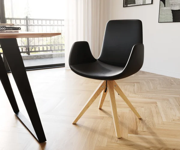 Chaise-de-salle-à-manger Ilia-Flex avec accoudoirs cuir de vache noir pied en bois conique naturel