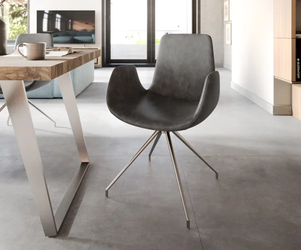 Chaise-de-salle-à-manger Ilia-Flex avec accoudoirs microvelours anthracite vintage pied croisé conique acier inoxydable brossé