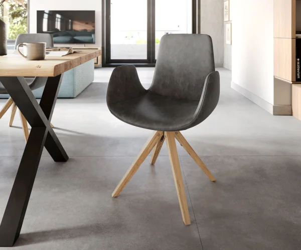 Chaise-de-salle-à-manger Ilia-Flex avec accoudoirs microvelours anthracite vintage pied en bois conique naturel