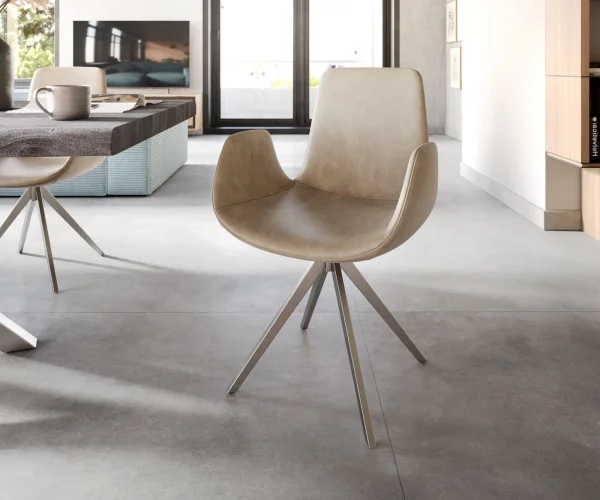 Chaise-de-salle-à-manger Ilia-Flex avec accoudoirs microvelours beige vintage pied croisé angulaire acier inoxydable brossé