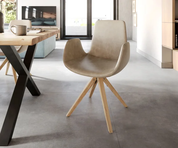 Chaise-de-salle-à-manger Ilia-Flex avec accoudoirs microvelours beige vintage pied en bois anguleux naturel