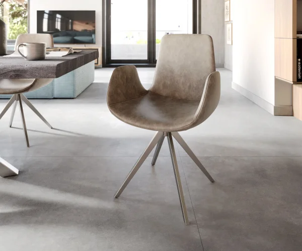 Chaise-de-salle-à-manger Ilia-Flex avec accoudoirs microvelours taupe vintage pied croisé angulaire acier inoxydable brossé